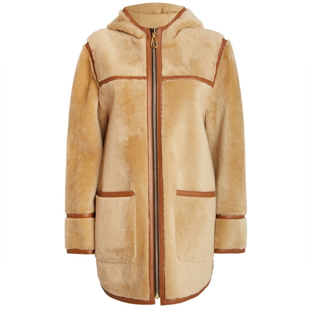 SANDRO Shearling Hooded Coat. Size 1/S. Cream/beige/light brown. New with tags.
